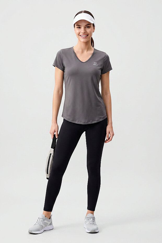 Gri Basic Kısa Kol Standart Kalıp V Yaka Kadın T-Shirt - 97145 - 2