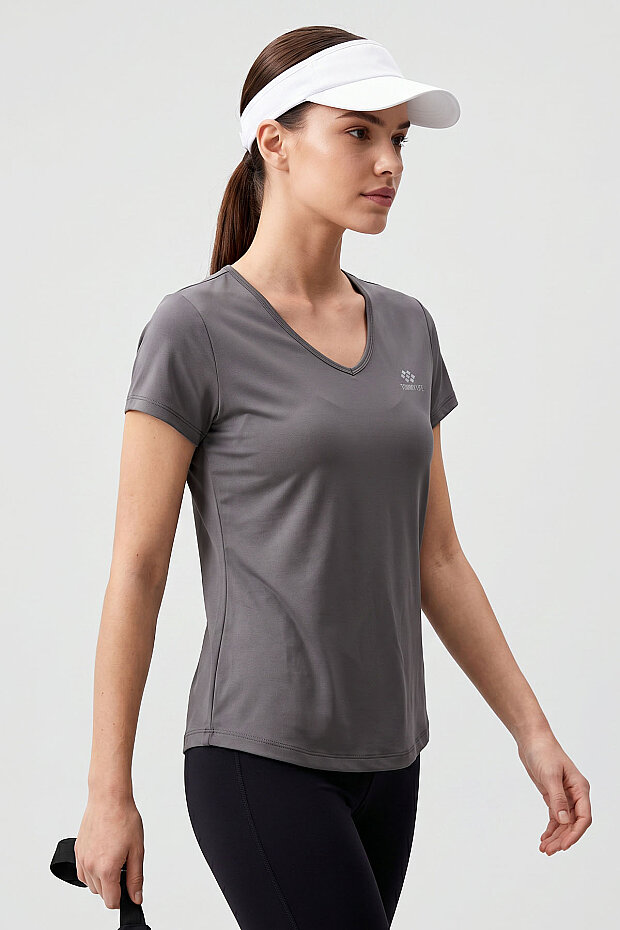 Gri Basic Kısa Kol Standart Kalıp V Yaka Kadın T-Shirt - 97145 - 4