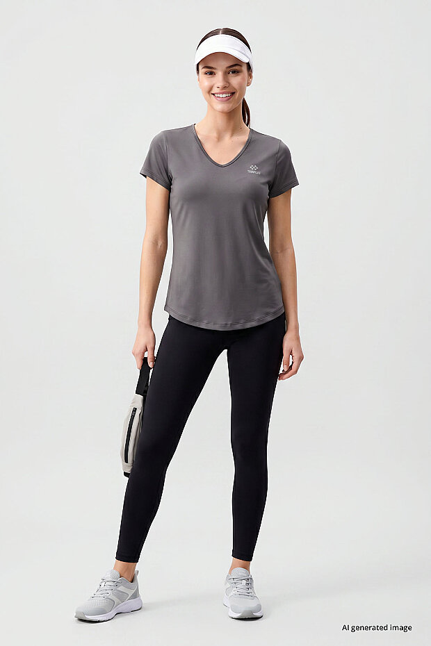Gri Basic Kısa Kol Standart Kalıp V Yaka Kadın T-Shirt - 97145 - 3