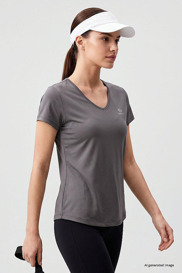 Gri Basic Kısa Kol Standart Kalıp V Yaka Kadın T-Shirt - 97145 - 4
