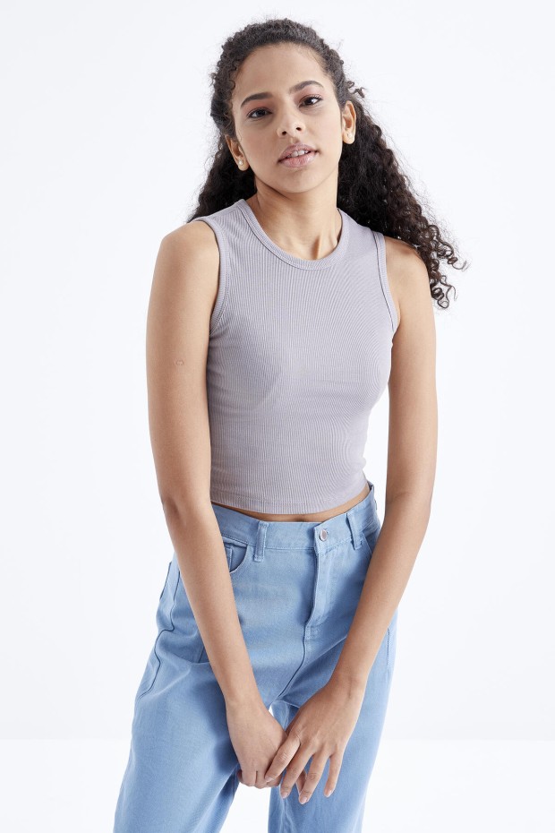 Gri Basic Kolsuz O Yaka Kadın Crop Top Atlet - 97204