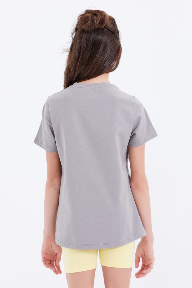 Gri Basic Yazı Baskılı O Yaka Rahat Form Kız Çocuk T-Shirt - 75041