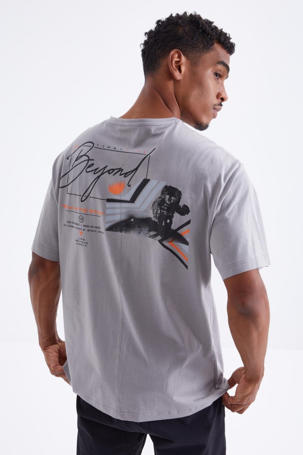Gri Baskı Detaylı O Yaka Erkek Oversize T-Shirt - 88099