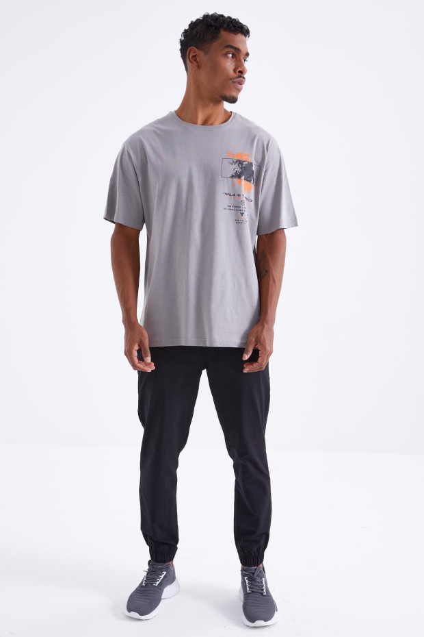 Gri Baskı Detaylı O Yaka Erkek Oversize T-Shirt - 88099