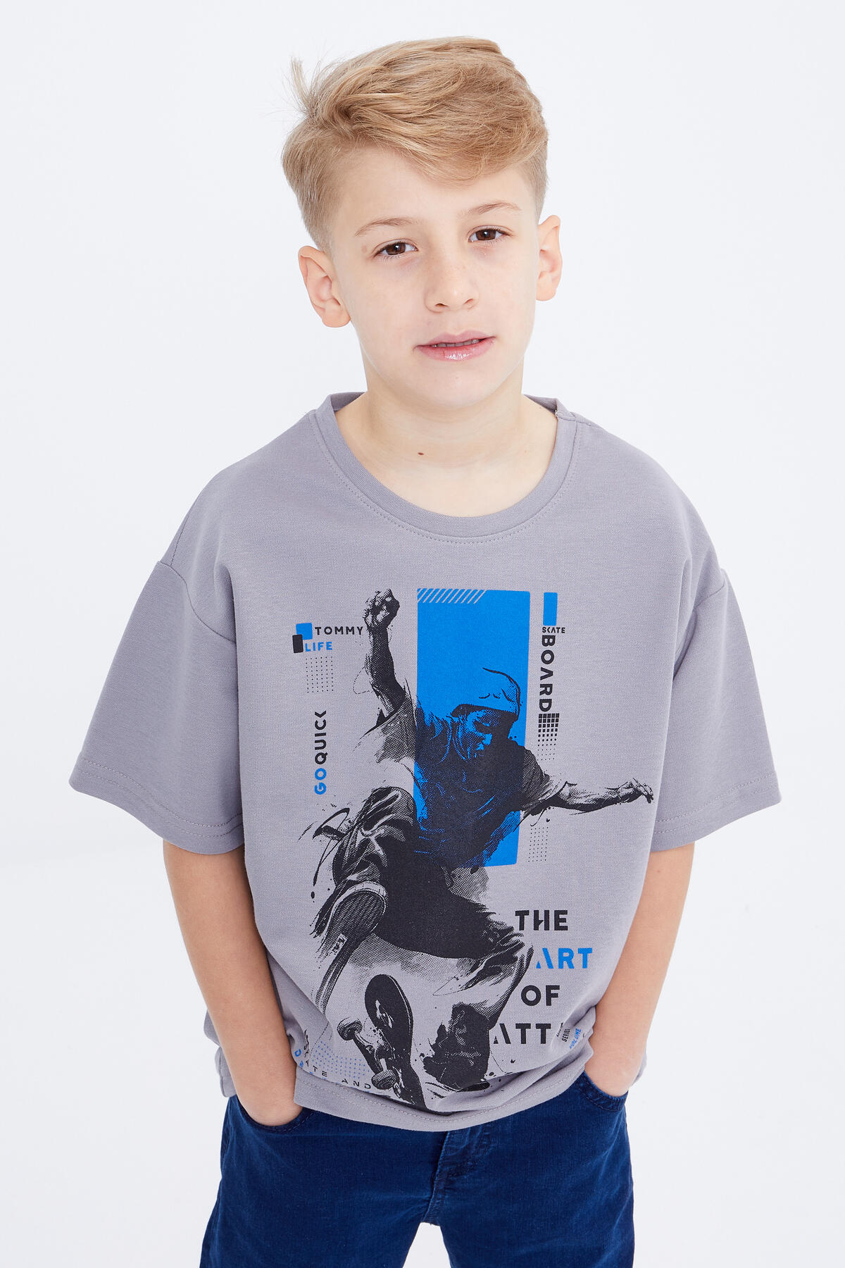Gri Baskılı Kısa Kollu O Yaka Erkek Çocuk T-Shirt - 10912