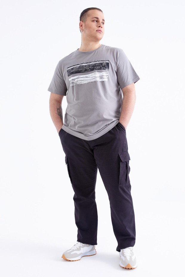 Gri Baskılı O Yaka Büyük Beden Erkek T-shirt - 88073