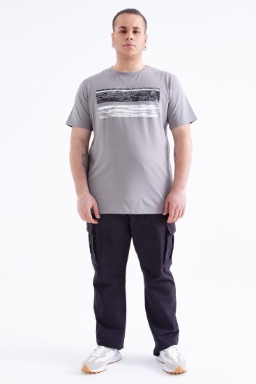 Gri Baskılı O Yaka Büyük Beden Erkek T-shirt - 88073 - Thumbnail