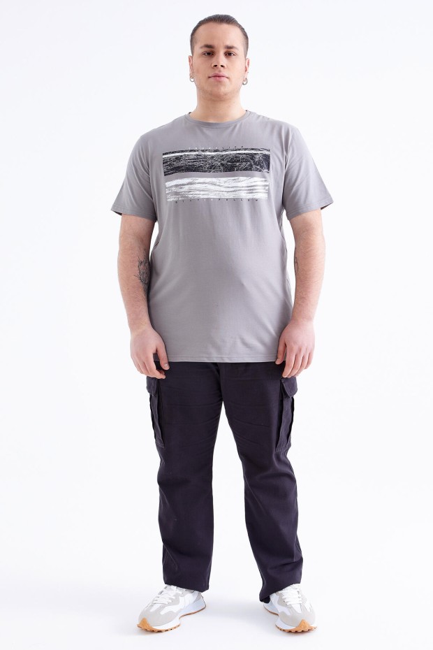 Gri Baskılı O Yaka Büyük Beden Erkek T-shirt - 88073