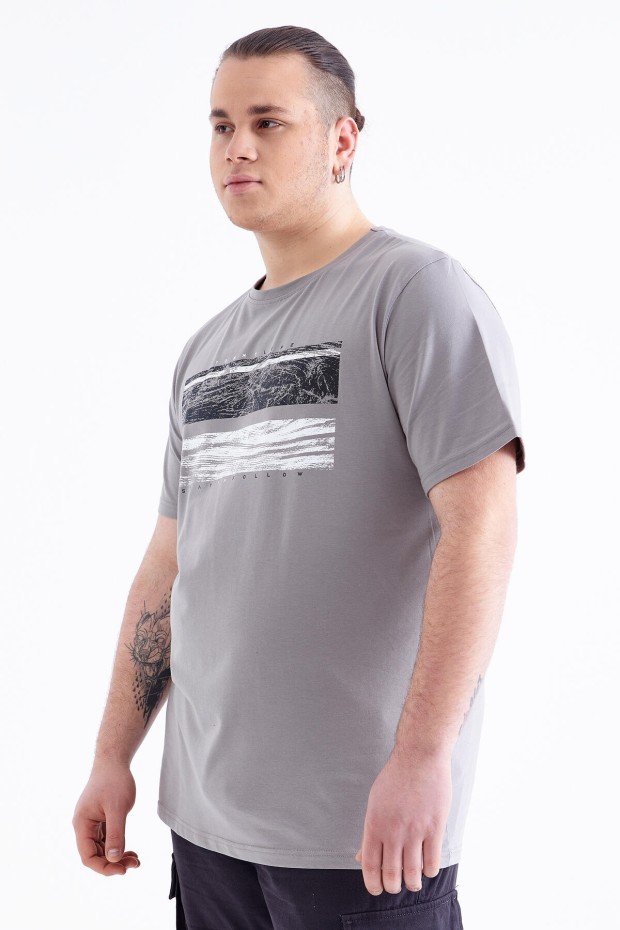 Gri Baskılı O Yaka Büyük Beden Erkek T-shirt - 88073