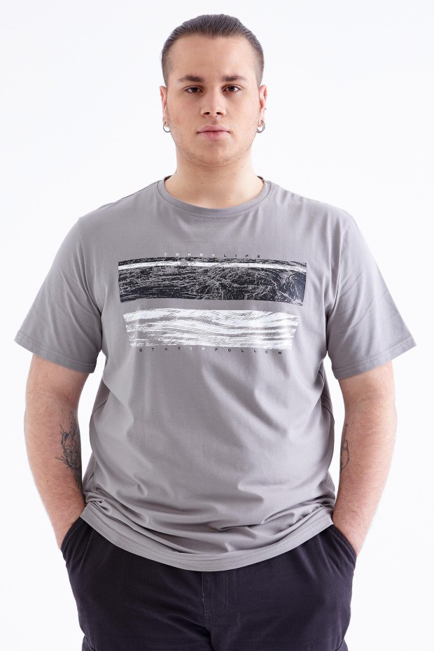 Gri Baskılı O Yaka Büyük Beden Erkek T-shirt - 88073