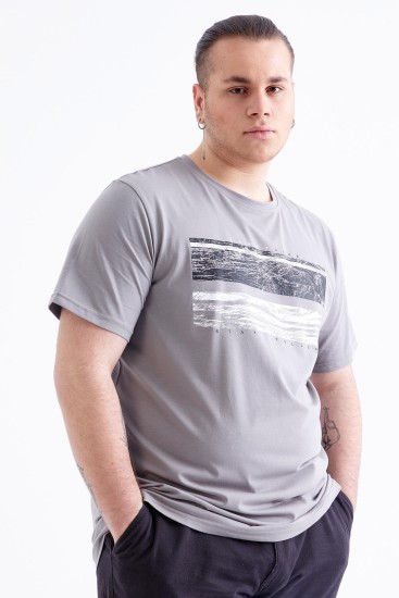 Gri Baskılı O Yaka Büyük Beden Erkek T-shirt - 88073 - Thumbnail