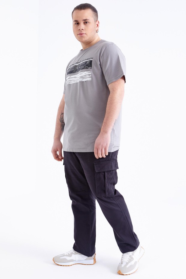 Gri Baskılı O Yaka Büyük Beden Erkek T-shirt - 88073