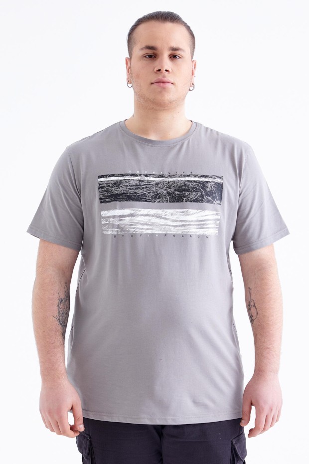 Gri Baskılı O Yaka Büyük Beden Erkek T-shirt - 88073