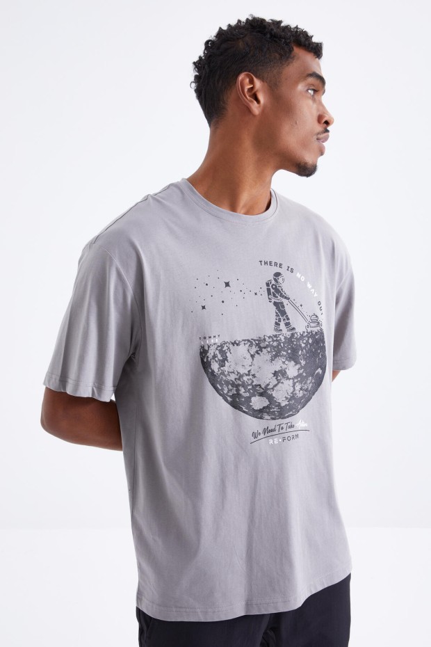 Gri Baskılı O Yaka Erkek Oversize T-Shirt - 88098