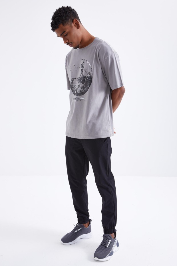 Gri Baskılı O Yaka Erkek Oversize T-Shirt - 88098