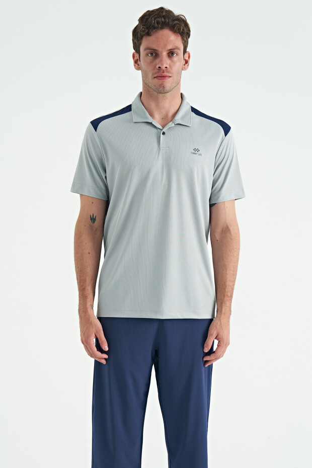 Gri Garni Detaylı Polo Yaka Standart kalıp Aktif Spor Erkek T-Shirt - 88250
