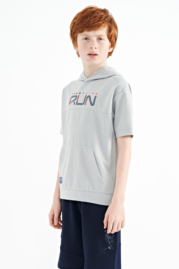 Gri Kanguru Cepli Kapüşonlu Oversize Erkek Çocuk T-Shirt - 11160