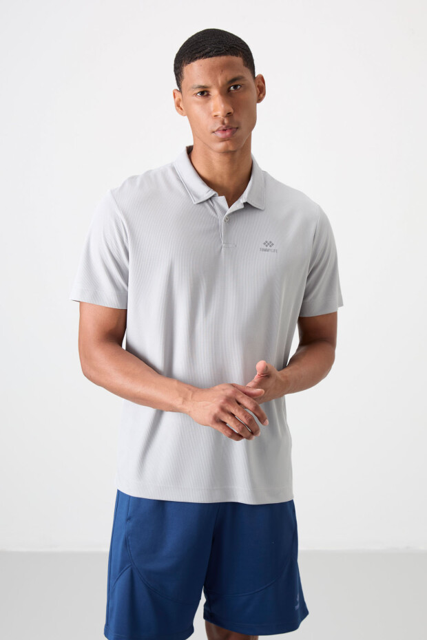 Gri Logo Baskılı Standart Kalıp Polo Yaka Aktif Spor Erkek T-Shirt - 88252 - 1
