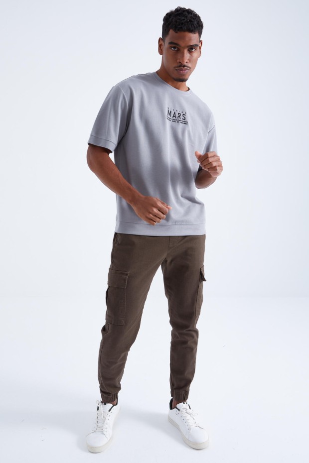 Gri Mars Yazı Nakışlı O Yaka Erkek Oversize T-Shirt - 88104