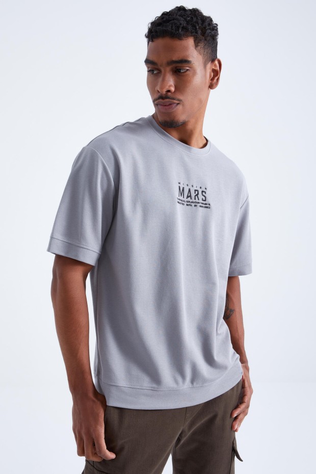 Gri Mars Yazı Nakışlı O Yaka Erkek Oversize T-Shirt - 88104