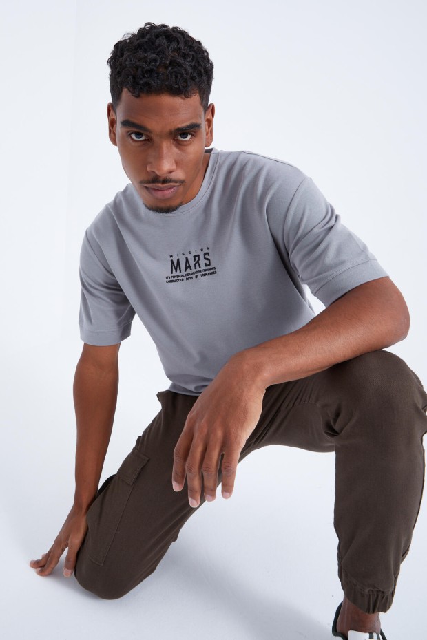 Gri Mars Yazı Nakışlı O Yaka Erkek Oversize T-Shirt - 88104