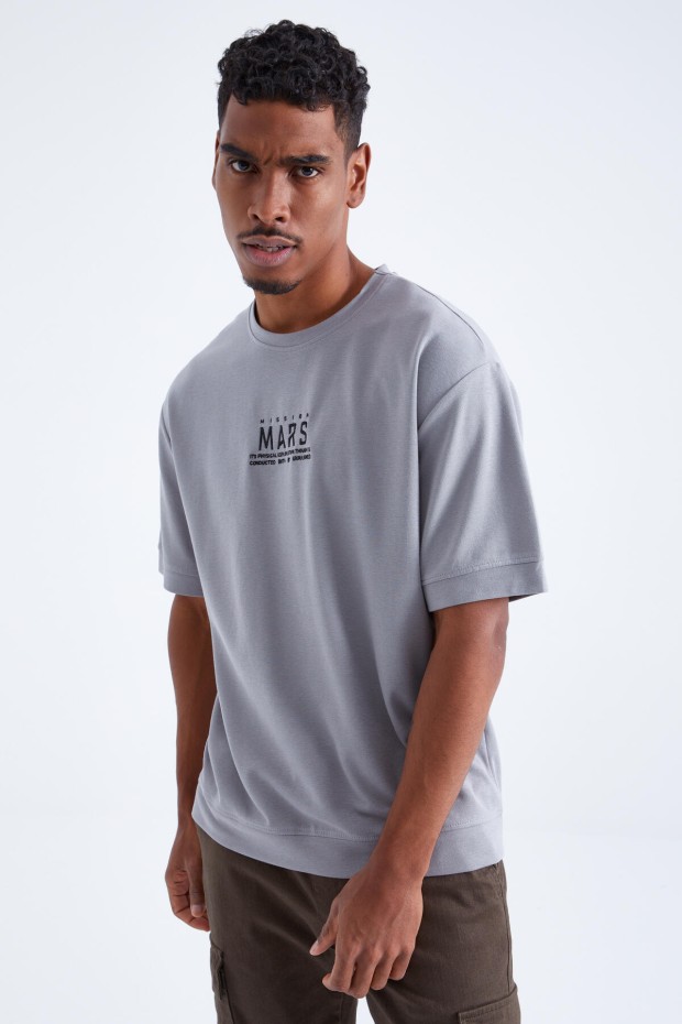 Gri Mars Yazı Nakışlı O Yaka Erkek Oversize T-Shirt - 88104