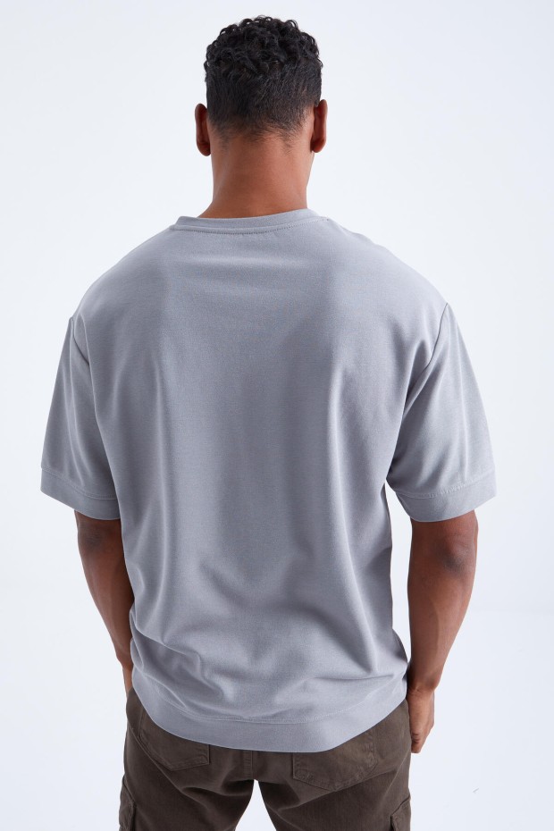 Gri Mars Yazı Nakışlı O Yaka Erkek Oversize T-Shirt - 88104