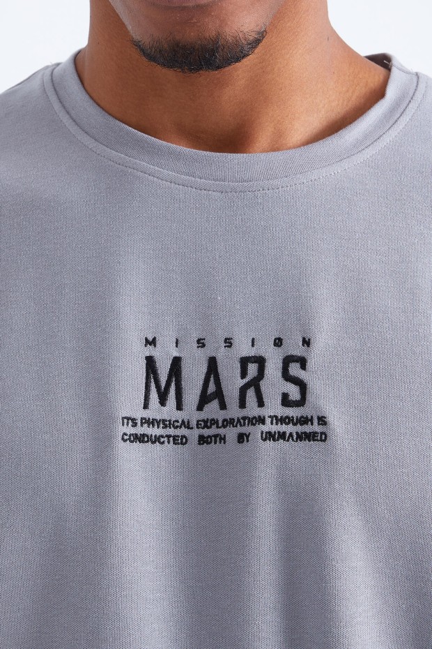 Gri Mars Yazı Nakışlı O Yaka Erkek Oversize T-Shirt - 88104