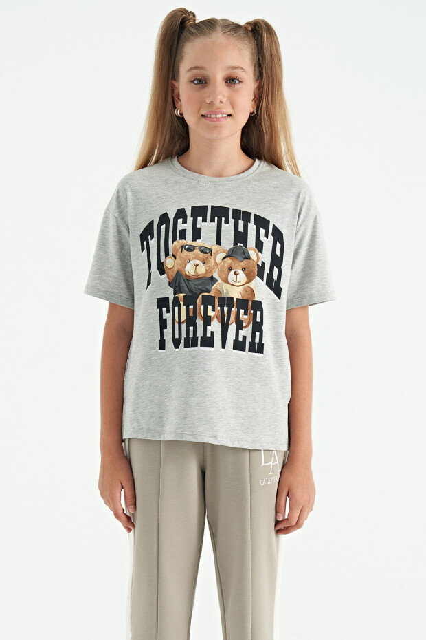 Gri Melanj Ayıcık Baskılı O Yaka Oversize Kısa Kol Kız Çocuk T-Shirt - 75116