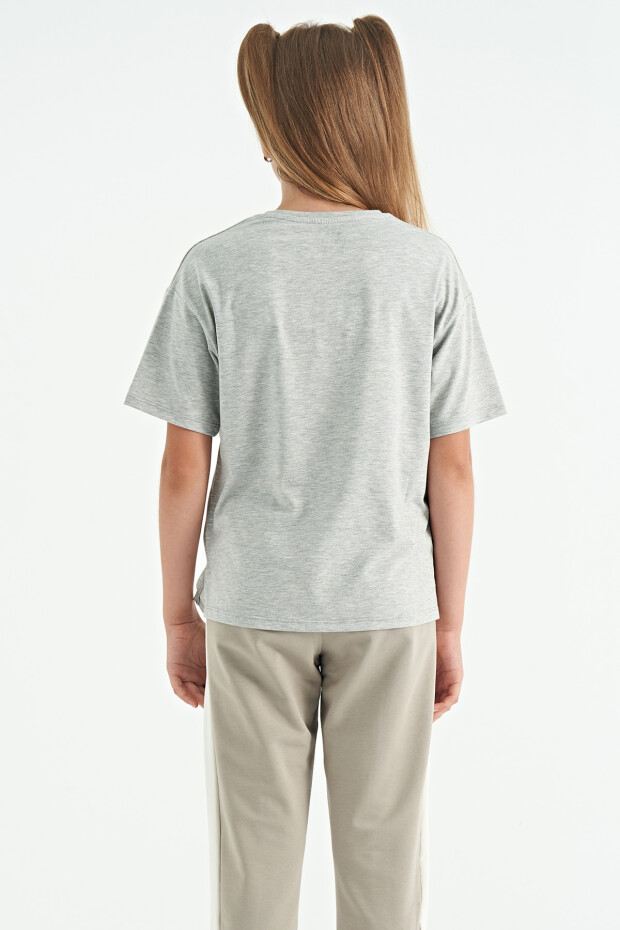 Gri Melanj Ayıcık Baskılı O Yaka Oversize Kısa Kol Kız Çocuk T-Shirt - 75116