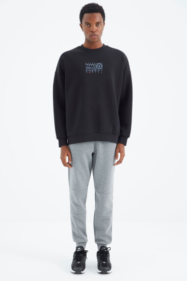 Gri Melanj Bağcıklı Şerit Detaylı Rahat Kalıp Erkek Eşofman Alt - 82106 