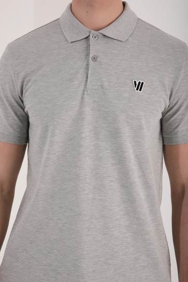 Gri Melanj Basic Göğüs Logolu Standart Kalıp Triko Polo Yaka Erkek T-Shirt - 87768 - Thumbnail