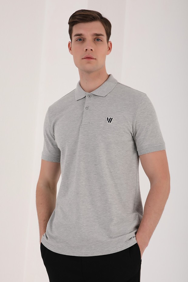 Gri Melanj Basic Göğüs Logolu Standart Kalıp Triko Polo Yaka Erkek T-Shirt - 87768