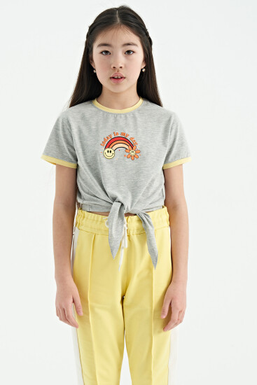 Gri Melanj Baskı Detaylı O Yaka Çok Renkli Bağlama Detaylı Kız Çocuk T-Shirt - 75113 