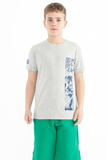 Gri Melanj Baskı Detaylı O Yaka Standart Kalıp Erkek Çocuk T-Shirt - 11104 
