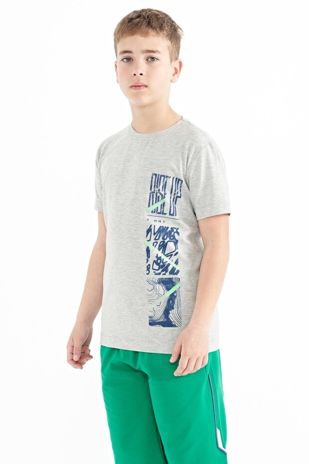 Gri Melanj Baskı Detaylı O Yaka Standart Kalıp Erkek Çocuk T-Shirt - 11104