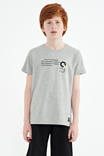 Gri Melanj Baskı Detaylı O Yaka Standart Kalıp Erkek Çocuk T-Shirt - 11145 