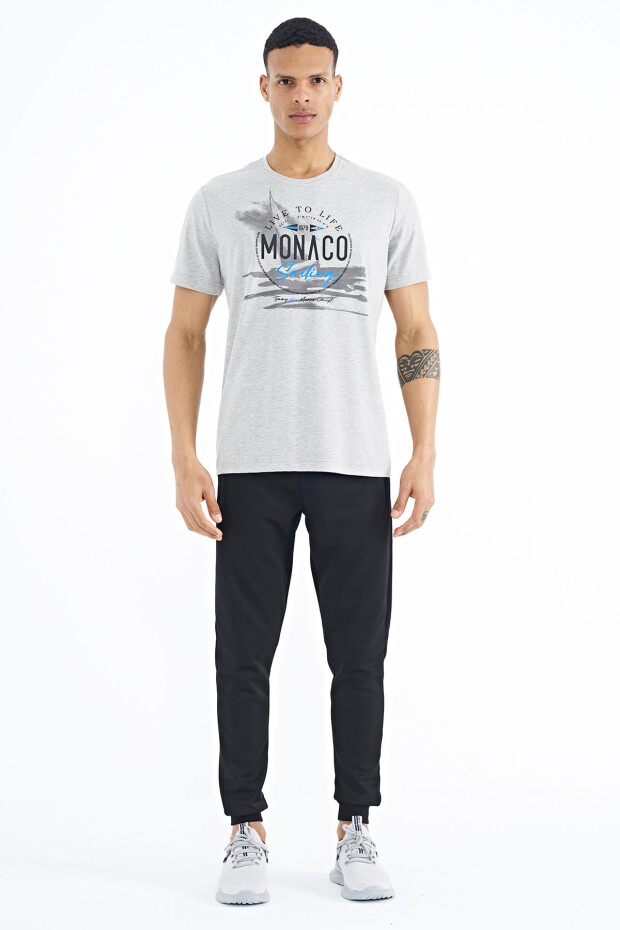 Gri Melanj Baskı Detaylı O Yaka Standart Kalıp Erkek T-Shirt - 88188