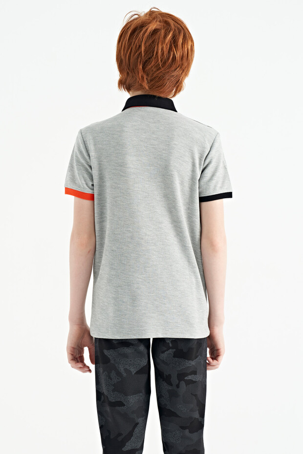 Gri Melanj Baskı Detaylı Pola Yaka Standart Kalıp Erkek Çocuk T-Shirt - 11161