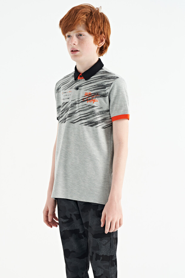 Gri Melanj Baskı Detaylı Pola Yaka Standart Kalıp Erkek Çocuk T-Shirt - 11161