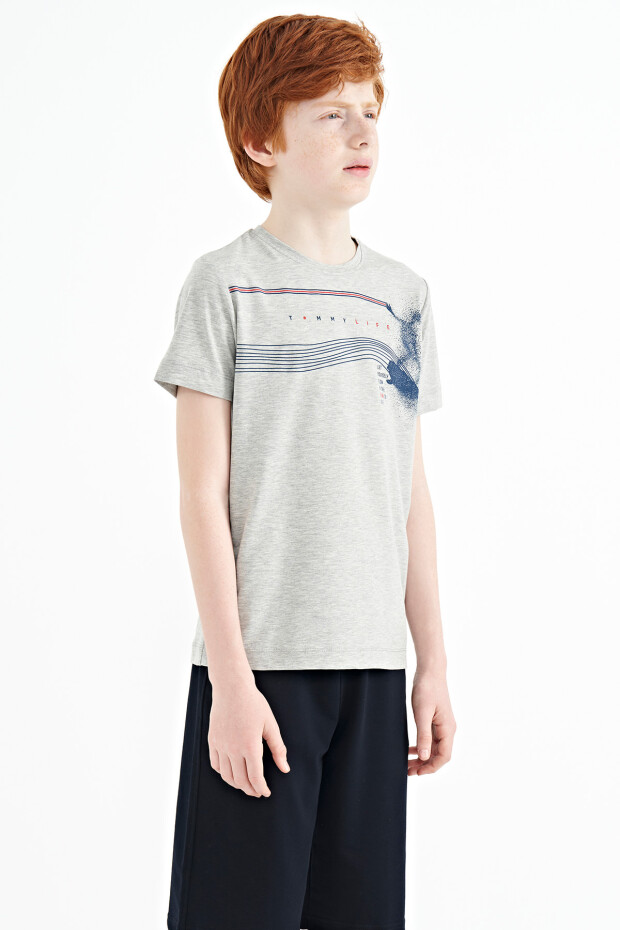 Gri Melanj Baskı Detaylı Standart Kalıp O Yaka Erkek Çocuk T-Shirt - 11133