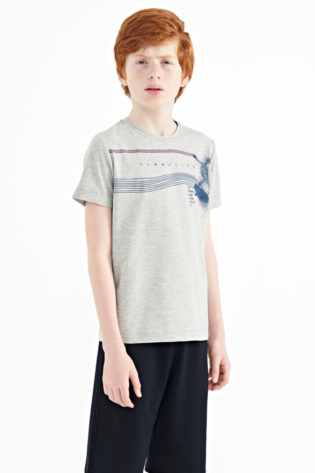 Gri Melanj Baskı Detaylı Standart Kalıp O Yaka Erkek Çocuk T-Shirt - 11133