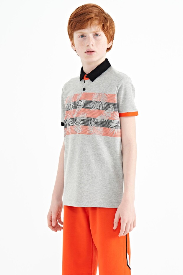 Gri Melanj Baskı Detaylı Standart Kalıp Polo Yaka Erkek Çocuk T-Shirt - 11101