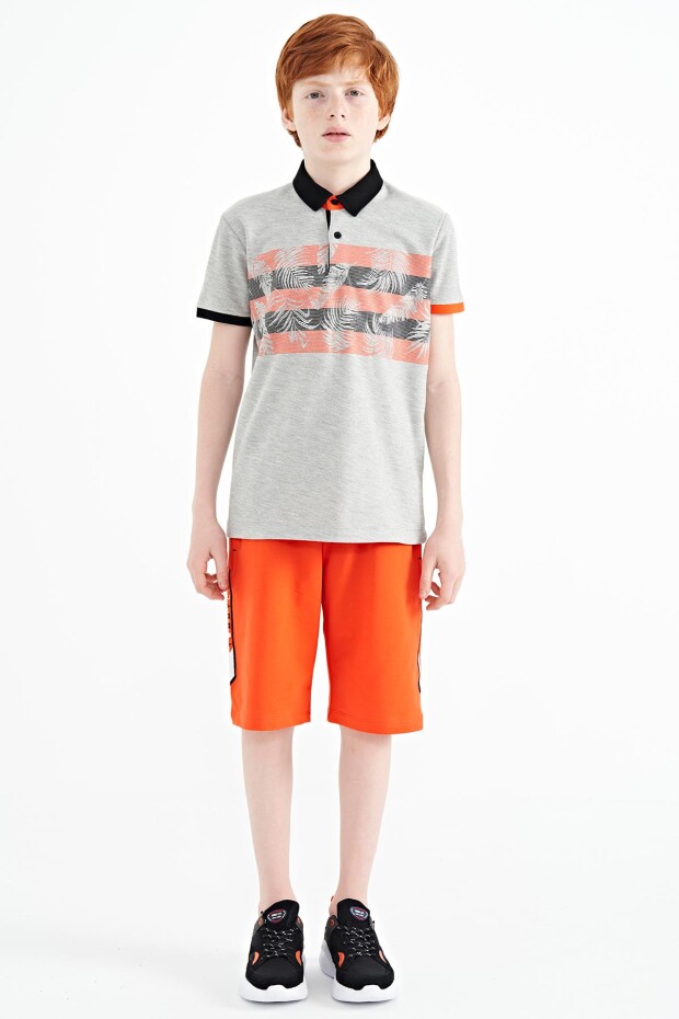 Gri Melanj Baskı Detaylı Standart Kalıp Polo Yaka Erkek Çocuk T-Shirt - 11101