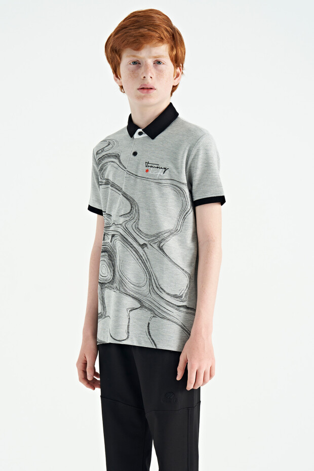 Gri Melanj Baskı Detaylı Standart Kalıp Polo Yaka Erkek Çocuk T-Shirt - 11165