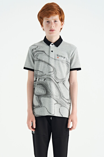 Gri Melanj Baskı Detaylı Standart Kalıp Polo Yaka Erkek Çocuk T-Shirt - 11165 