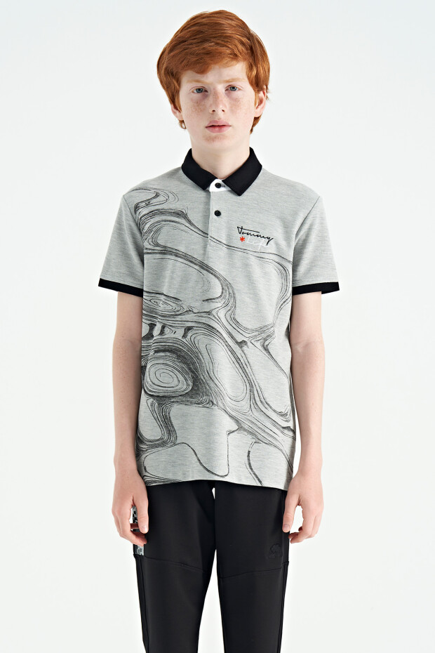 Gri Melanj Baskı Detaylı Standart Kalıp Polo Yaka Erkek Çocuk T-Shirt - 11165