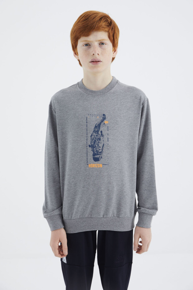 Gri Melanj Baskılı Erkek Çocuk Sweatshirt - 11174