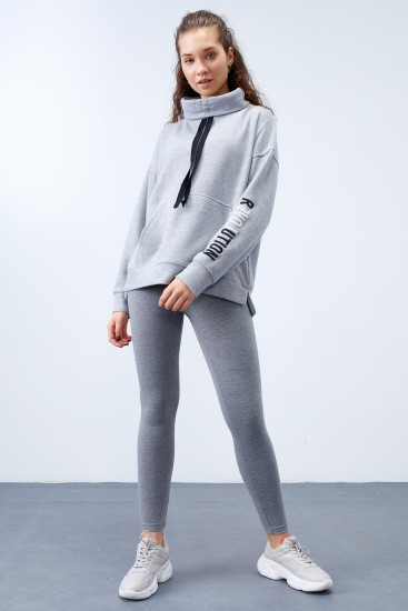 Gri Melanj Büzgülü Bağcıklı Yaka Nakışlı Selanik Triko Kadın Oversize Sweatshirt - 97197 