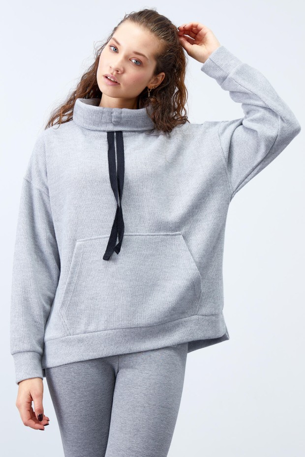 Gri Melanj Büzgülü Bağcıklı Yaka Nakışlı Selanik Triko Kadın Oversize Sweatshirt - 97197